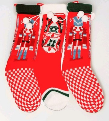 LOT 3 VINTAGE FACTORY KNIT CHRISTMAS STOCKINGS NUTCRACKER BELLS EXCELLENT CONDIT