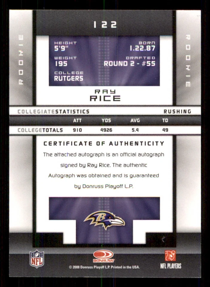 2008 Donruss Elite Turn of the Century AUTO #122 Ray Rice /100 - Image 2 of 2