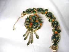 DeLizza & Elster Juliana intaglio floral jeweled bracelet brooch set green