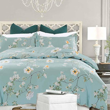 Teal Floral Duvet Cover King Size, 3Pc Turquoise Aqua Farmhouse Flowers Botanica