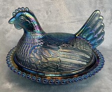 Vintage Indiana Glass Blue Carnival Hen on Nest Covered Candy Dish 7" Iridescent