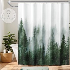 Green Misty Forest Shower Curtain 72x72 Inch Nature Woodland Pine Tree Fabric