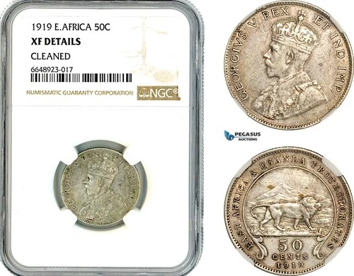 AL219, British East Africa & Uganda, George V, 50 Cents 1919, Silver, NGC XF Det