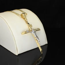 14k Two Tone Plated 65mm Crucifix Pendant 20" Figaro Chain Men Women Necklace