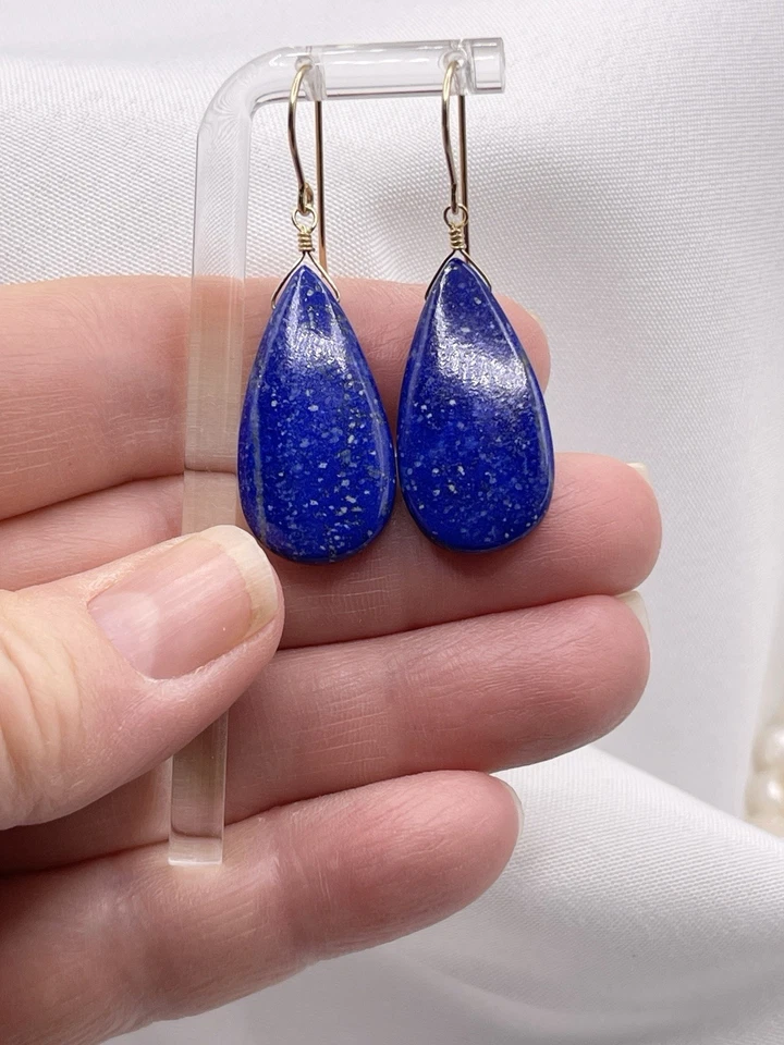 Серьги с голубым лазуритом натуральный бриолет — висячие капли — 14-каратное золото — ручная работа - Изображение 3 из 4