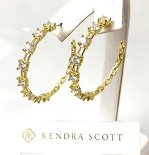 Kendra Scott Lexi Gold Tone Medium 1.31" Hoop Earrings in White CZ NEW