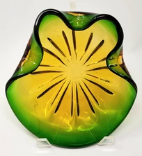 Murano Ruffle Green  Yellow Amber Glass Bowl Ashtray 9 1/2" 3.5 LBs MCM 1960's