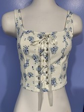 Shein Floral Corset Style Cropped Tank Top, Size Medium, Beige / Blue Flowers
