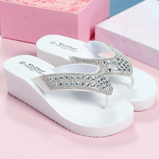 Women's Platform Thongs Sandals Beach Slipper Rhinestone Wedge Heel Flip Flops