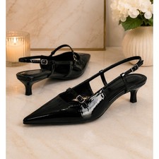 Black Patent Slingback Kitten Heels Pointed Toe Womens 7 1/2 7.5 New NWT