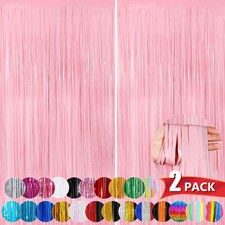 2 Pack 3.3x8.3 Feet Pastel Pink Metallic Tinsel Foil Fringe Curtains Backdrop