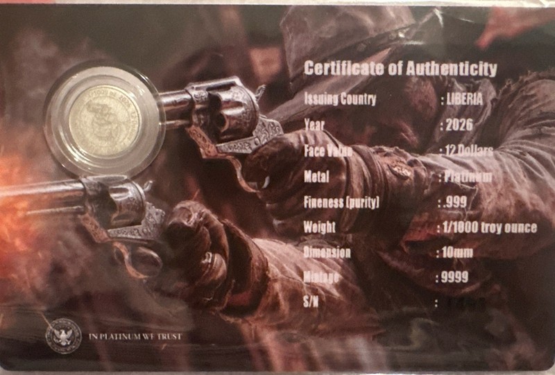 2026 Liberia Revolver 1/1000 oz Platinum Coin in Card