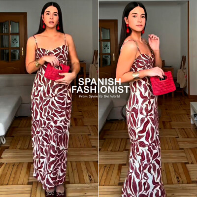 ZARA WOMAN SS25 ECRU/ MAROON PRINTED RUSTIC LINEN MIDI DRESS 8372/094/068 