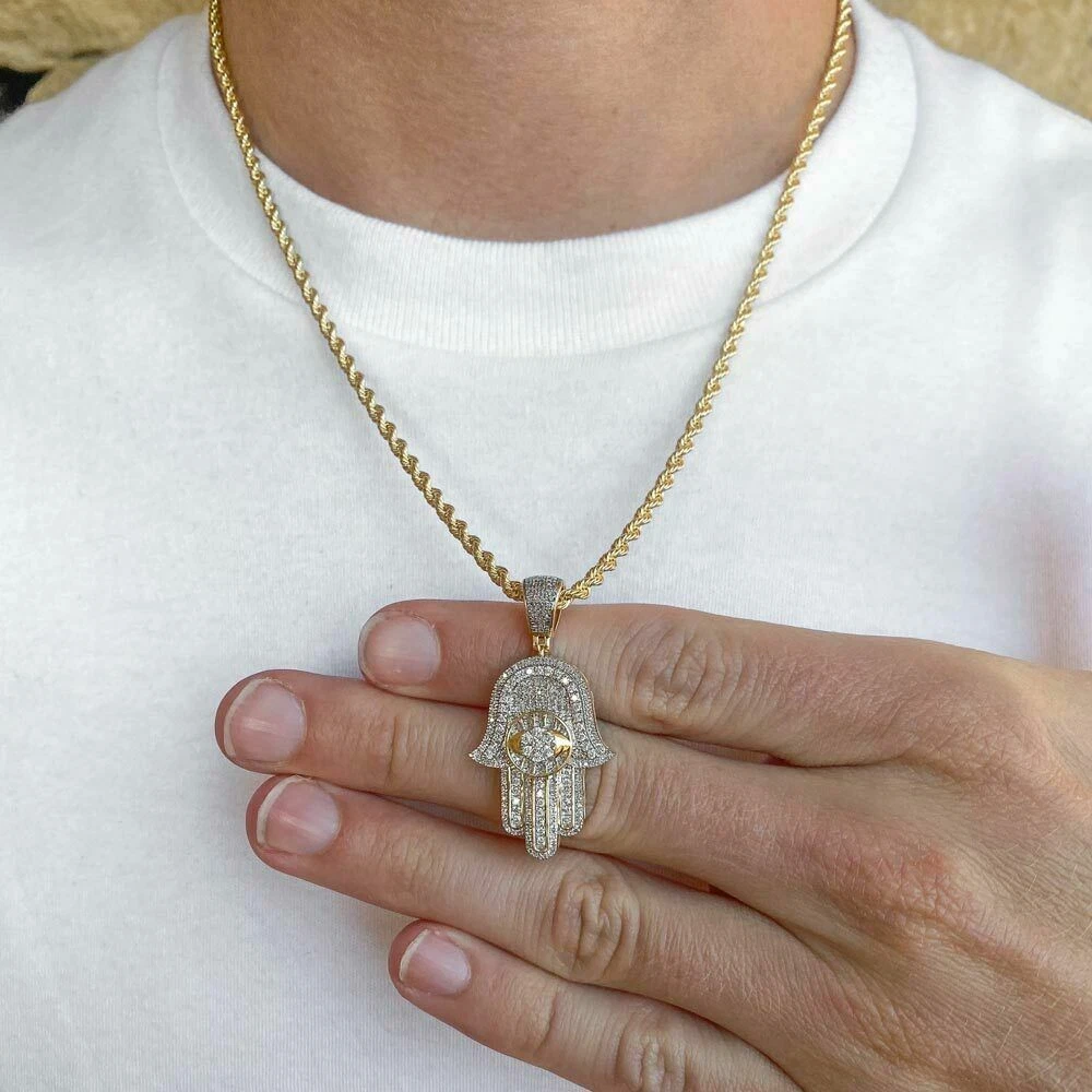 YELLOW GOLD PLATED SIMULATED DIAMOND HAMSA PENDANT 1.50 CTW ROUND DIAMOND SILVER