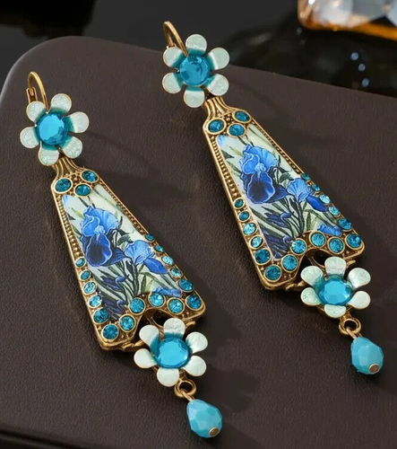 MICHAEL NEGRIN Art Deco Nouveau Revival Earrings Long Gorgeous Blue Iris Floral