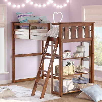Wooden Twin Loft Bed with Storage Shelves & Ladder Kid Bedroom Furniture BROWN