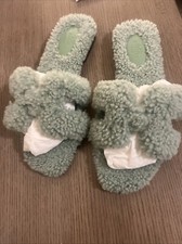 Hermes Oran Teddy Bear Sandal Green Shearling Vert d'Eau Limited Ed Flat 37 / 7
