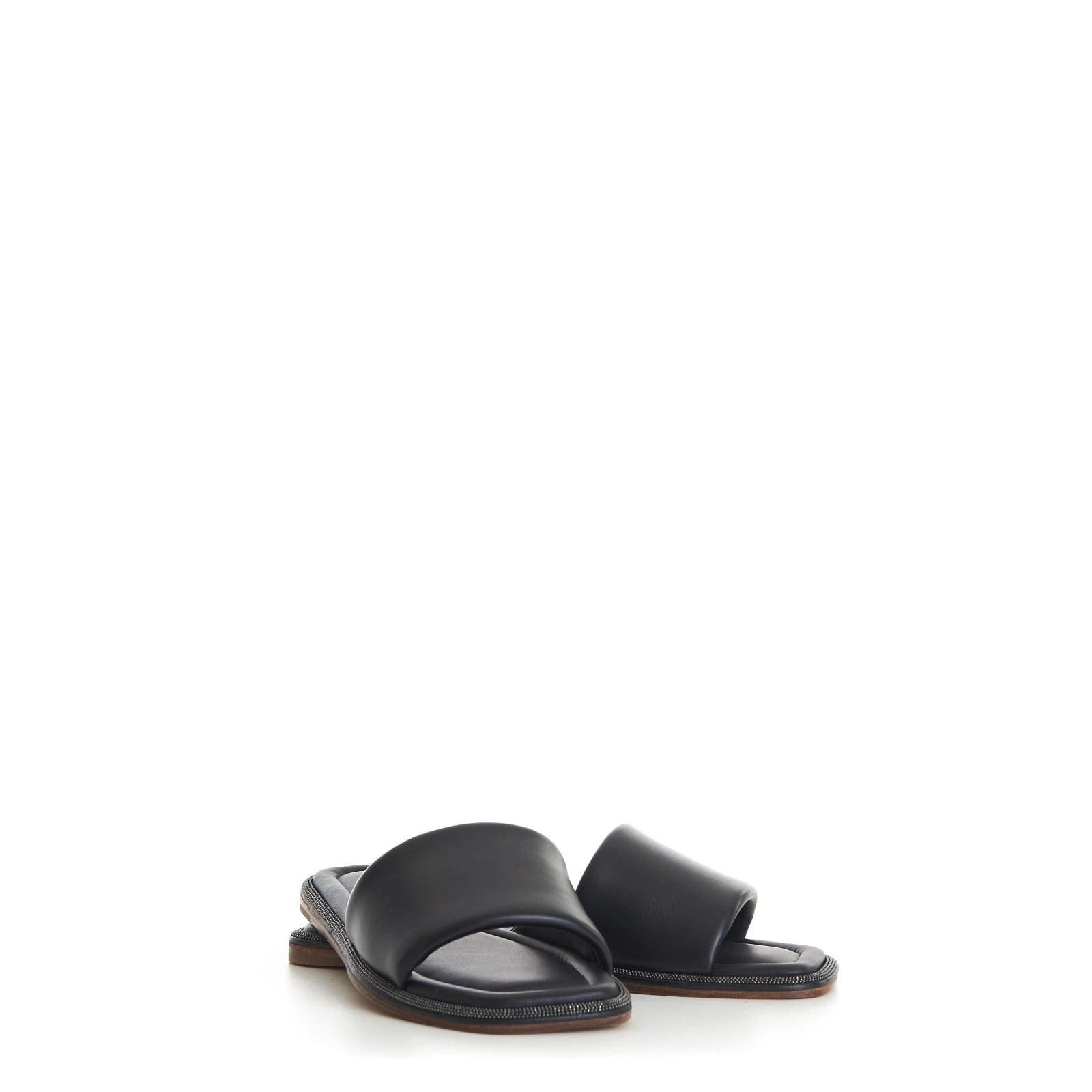 Brunello Cucinelli — BRUNELLO CUCINELLI 895$ Slide Sandal - Sparkling Monili Trim Black Leather Shoes
