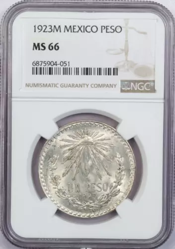 1923 M Mexico Peso .720 Fine Silver, NGC MS66, Gem Uncirculated