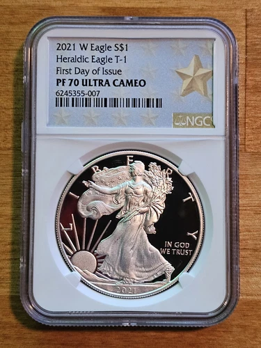 2021 W Silver Eagle S$1 Heraldic T-1 NGC PF70 UCameo First Day Of Issue