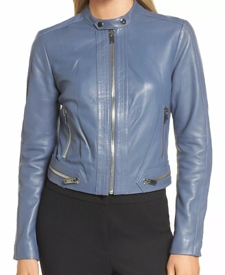 Women Blue Leather Jacket Soft Lambskin Classic Motorcycle Biker Café Racer Coat