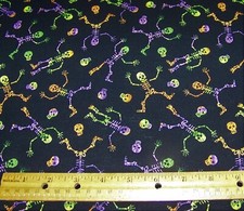 1 yard of COLORFUL SKELETONS on BLACK 100 Cotton Fabric HALLOWEEN