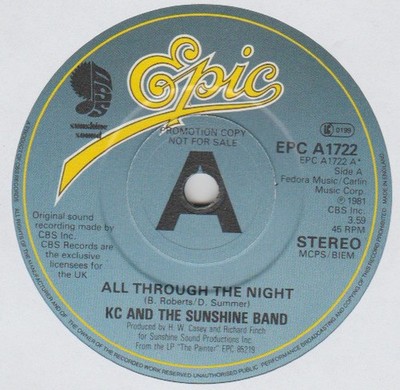 KC  The Sunshine Ba - All Through The Night - Used Vinyl Rec - Promo - G8100z