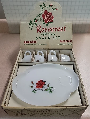 Vintage Federal Glass Rosecrest 8 Piece Snack Set in Original Packaging