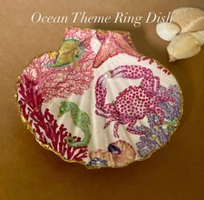 Sea Life Trinket/Ring Dish, Decoupaged Shell, Rhinestones, Pearl Beach Decor