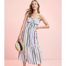 Loft Striped Tie Front Strappy Midi Dress White Sweetheart Neck Tiered Sz 12