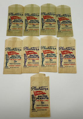 (9) Vintage Planters Mr Peanut Wax Bags Lot 1930s-50s (NOS)