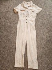 Roxy Linen Jumpsuit Sz Medium Creamy Beige Beach Wonderland Pockets