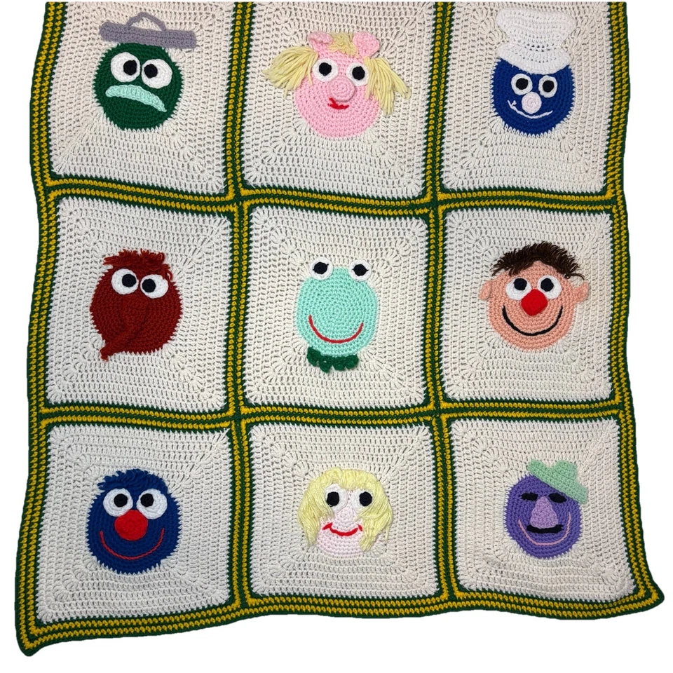"Manta de ganchillo vintage de Plaza Sésamo hecha a mano personajes de los Muppets 38 x 70""" Foto 4 de 4