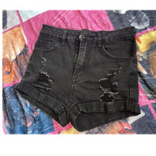 Women's Black Solid Denim Cut Off Shorts Sz S Button Closure 5-Pocket Pockets