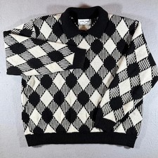 Alfred Dunner Black White Argyle Diamond Knit Polo Sweater 2X Made in USA