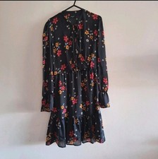 Papaya Black Semi Sheer Chiffon Black Floral Faux Wrap Ruffle Hem Dress Size 8