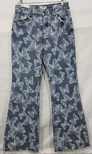 NEW Forever 21 Jeans Women 30 Blue Butterfly Mid Rise Flare Festival Whimsy Boho