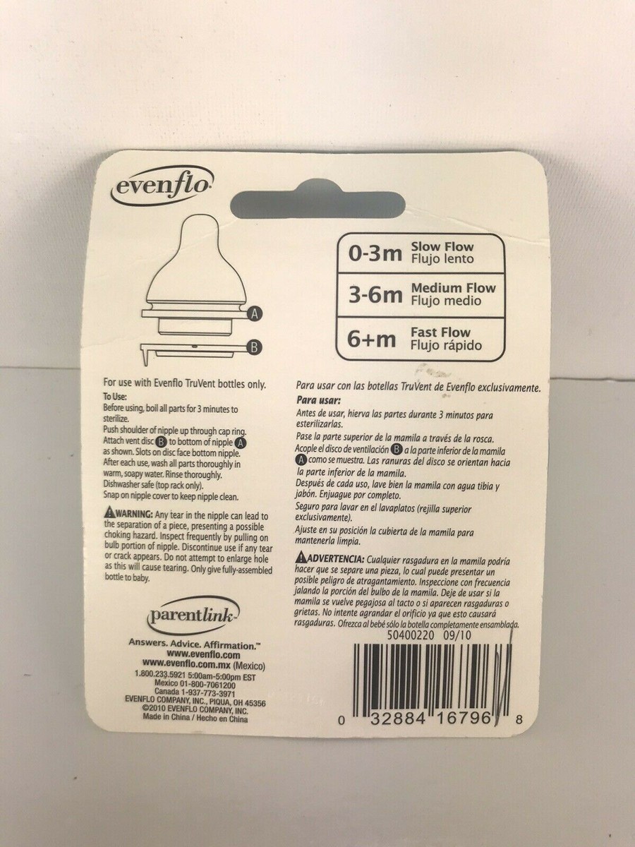 Evenflo 2 Pack TruVent Nipple and Washer Ring Silicone MEDIUM Flow 3-6  Months