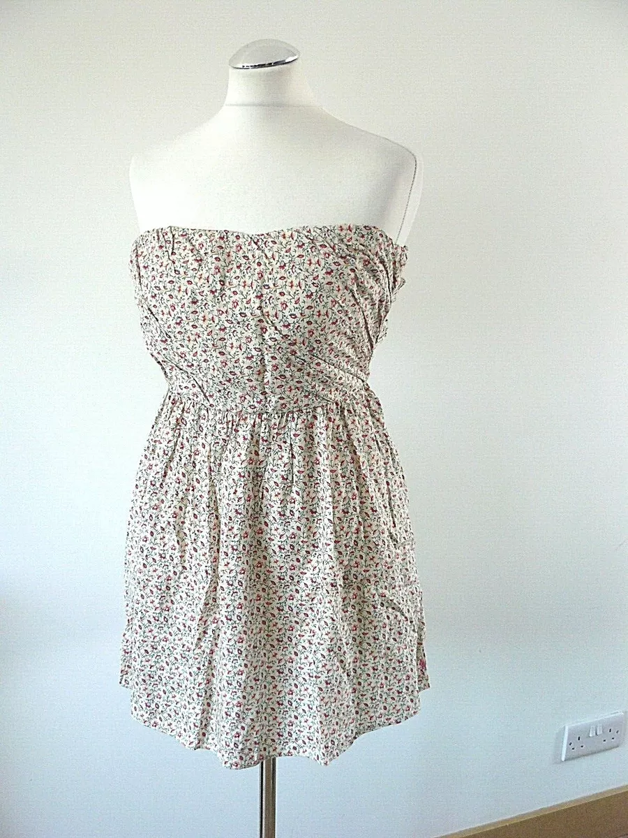 JACK WILLS Cream Floral BONED Ruched Silk Blend Strapless Mini
