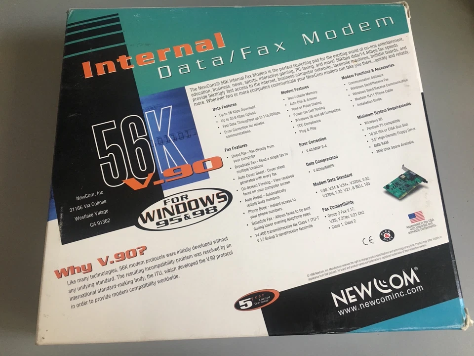 MS-2820, Newcom 16-bit ISA Computer Internal Fax Modem V.90 56K Win 95/ 98, New - Image 2 of 4