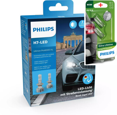 Philips H7-LED Ultinon Pro6000 Scheinwerferlampe 5800K mit Zulassung 2Stk. +W...