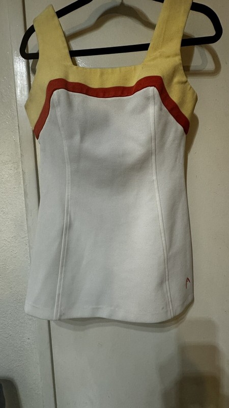 Vintage70s HEAD Tennis Or Pickle Ball SzS Dress White w Orange&Yellow Trim Logo