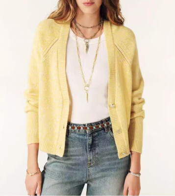 Women Ba&sh Wool Blend Knit Long Sleeve Cardigan Top Yellow