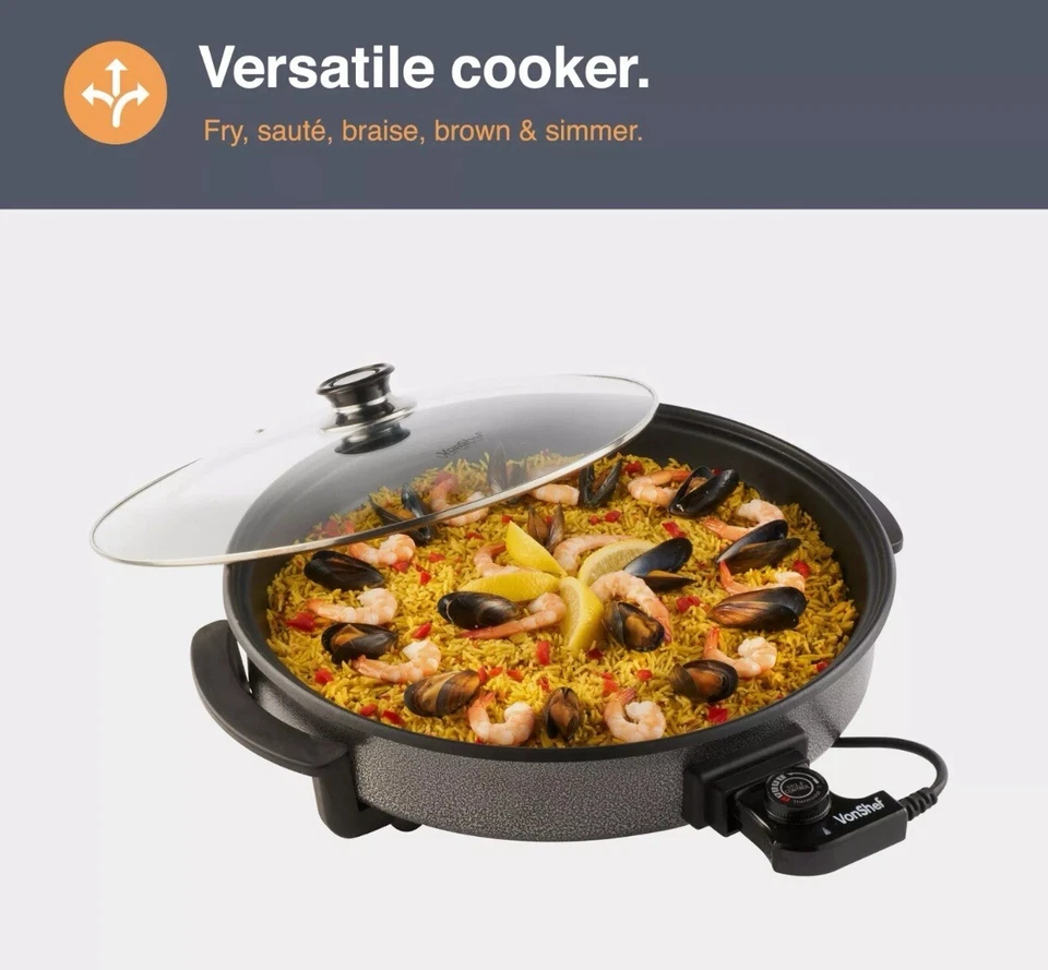 Multi Cooker w/ Lid 6L – VonShef 42cm Electric Frying Pan Temp Control – 1500W - Image 4 of 4
