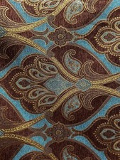 GOLD BROWN TURQUOISE Damask Chenille Upholstery Brocade Fabric 56 in. Sold BTY