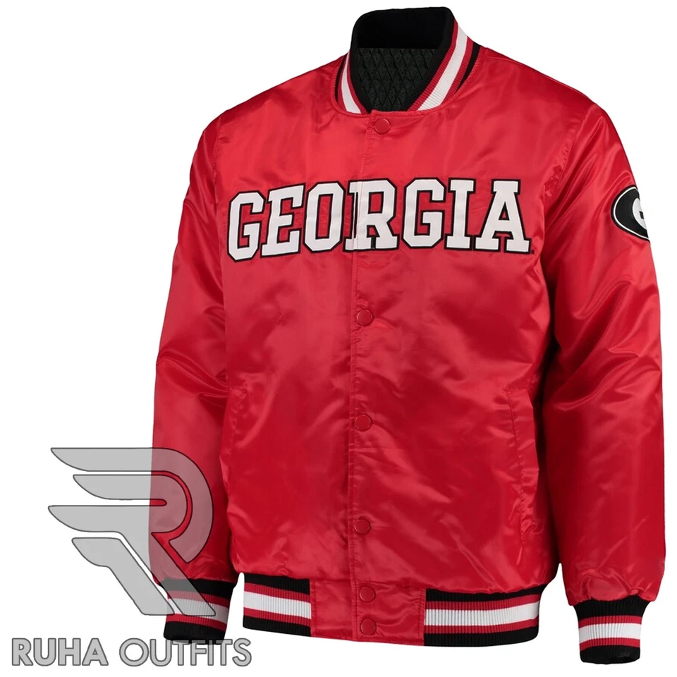 Chaqueta Universitaria Hombre NCAA Georgia Bulldogs Rojo Satinado Clásica Bombardero Lettermen Foto 2 de 4
