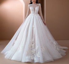 High-neck Wedding Dress Full Sleeve Appliques Embroidered Lace Bride Gowns Train