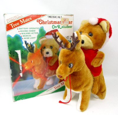 Vintage Christmas Bear on Reindeer Bradfords Tree Mates Plush Animated Music