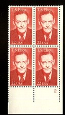 US Plate Block MNH # 2239  22c T. S. Eliot, Poet   2 LR, 7c926