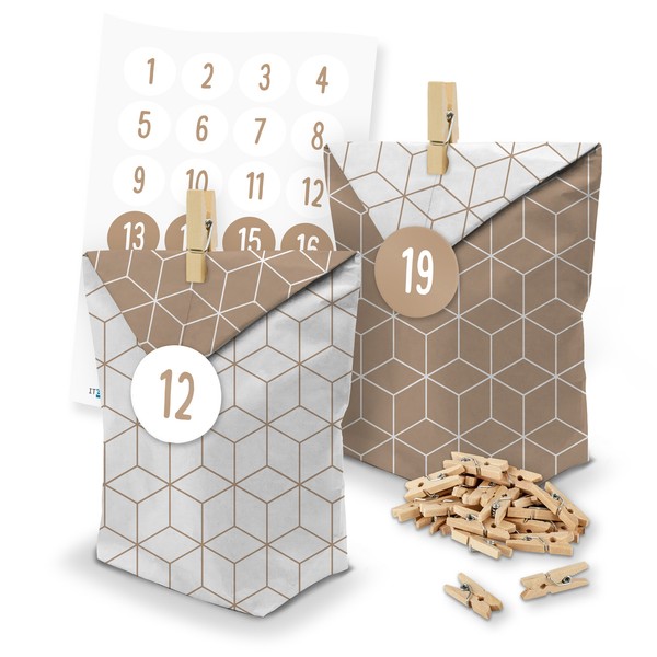 Itenga Adventskalender 24X TüTen Geometrie Klammern Zahlen Schlicht Braun 1-24-image